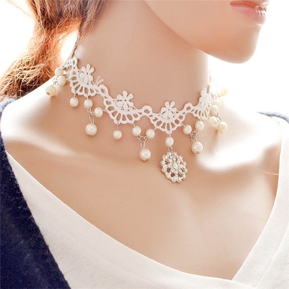 Jewelry - White Lace Pearl Necklace Collar Choker